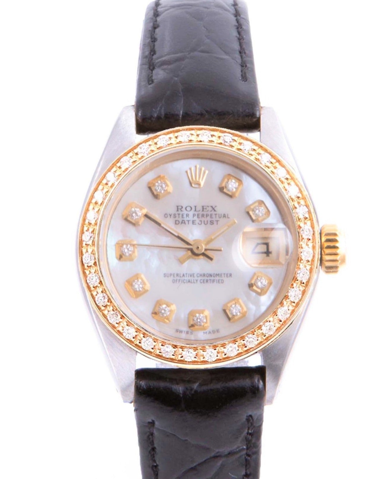 Rolex 26mm Datejust 6917 MOP Diamond On Black Leather