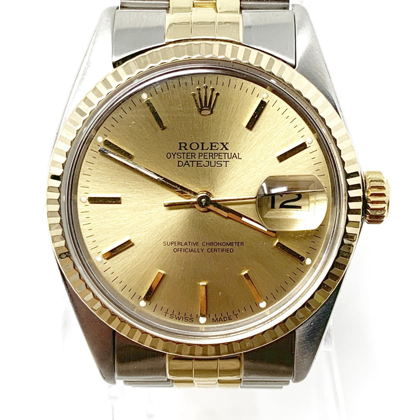 Rolex mens datejust 16013 (T.T) champagne stick dial & yellow gold fluted bezel - Luxury Diaz