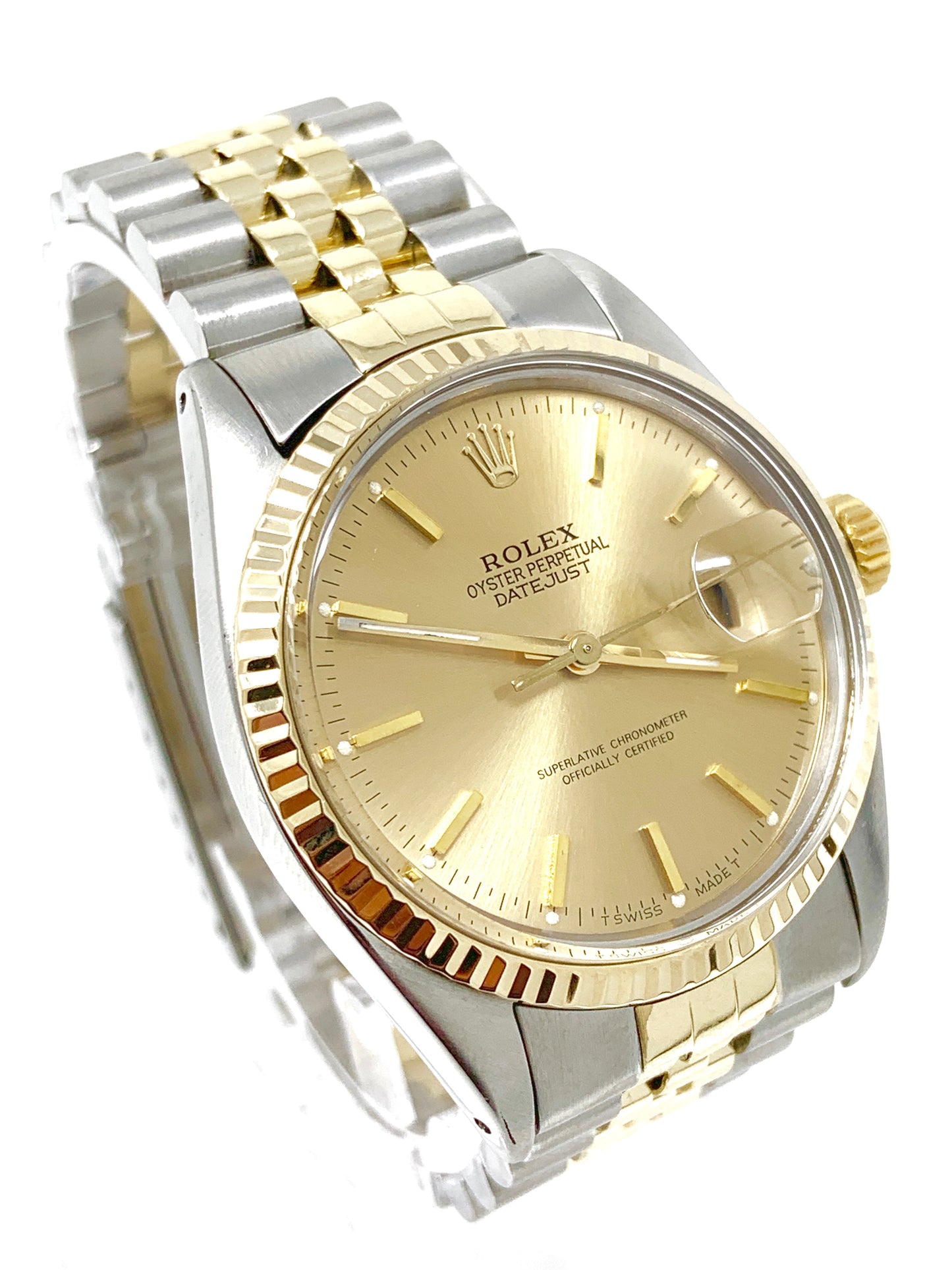 Rolex mens datejust 16013 (T.T) champagne stick dial & yellow gold fluted bezel - Luxury Diaz