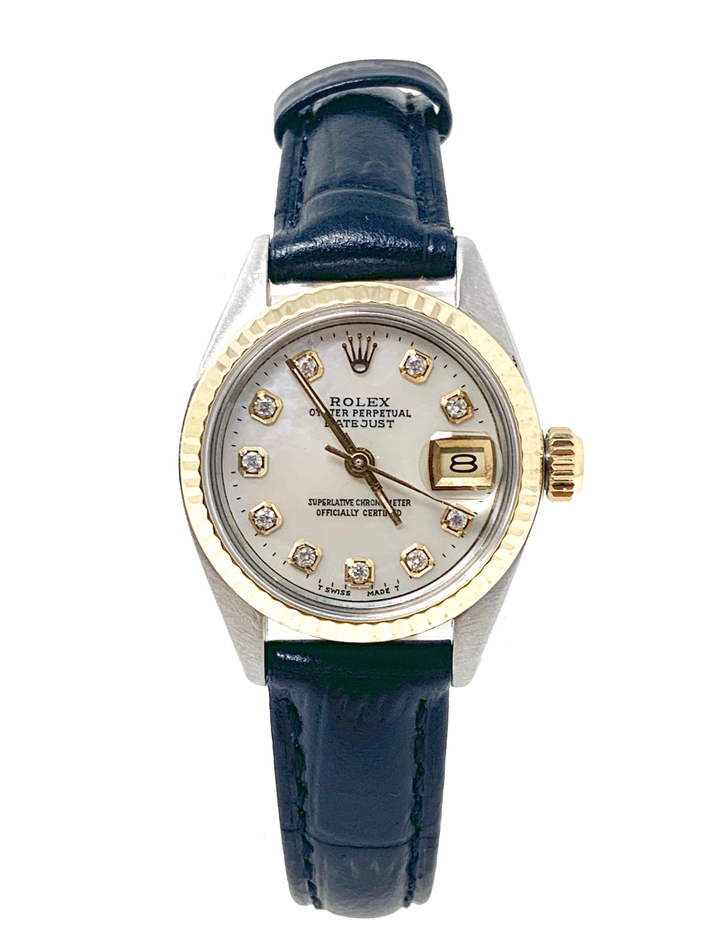 Rolex ladies datejust 6917 (T-T) yellow gold bezel & mother pearl diamond dial on leather band - Luxury Diaz