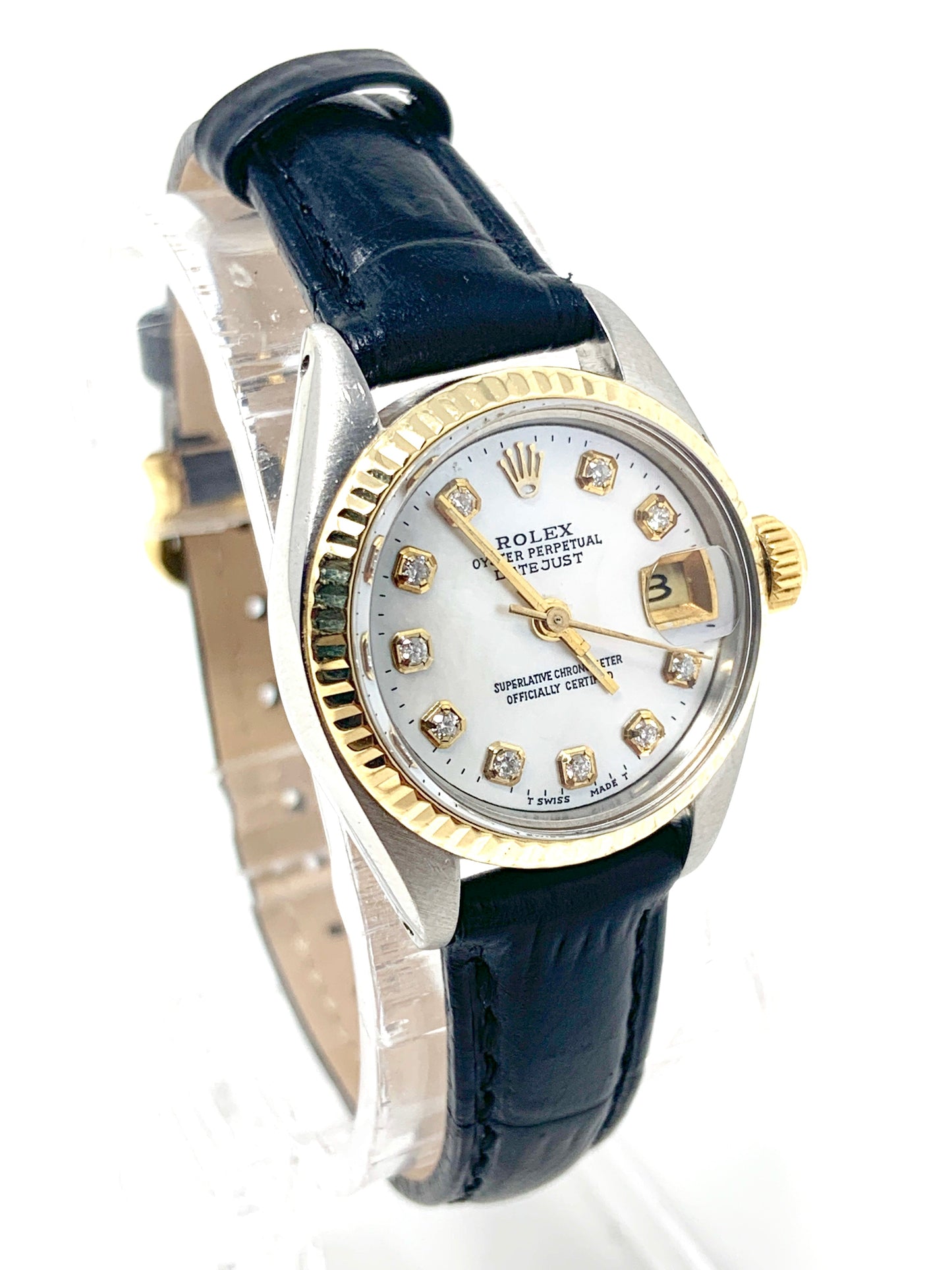 Rolex ladies datejust 6917 (T-T) yellow gold bezel & mother pearl diamond dial on leather band - Luxury Diaz