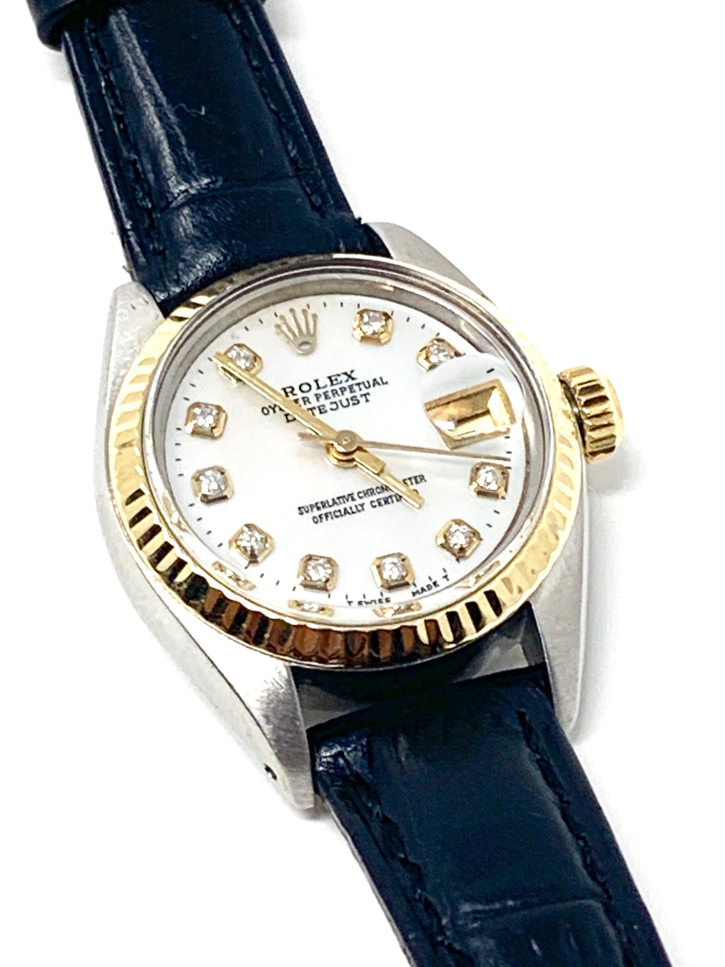 Rolex ladies datejust 6917 (T-T) yellow gold bezel & mother pearl diamond dial on leather band - Luxury Diaz