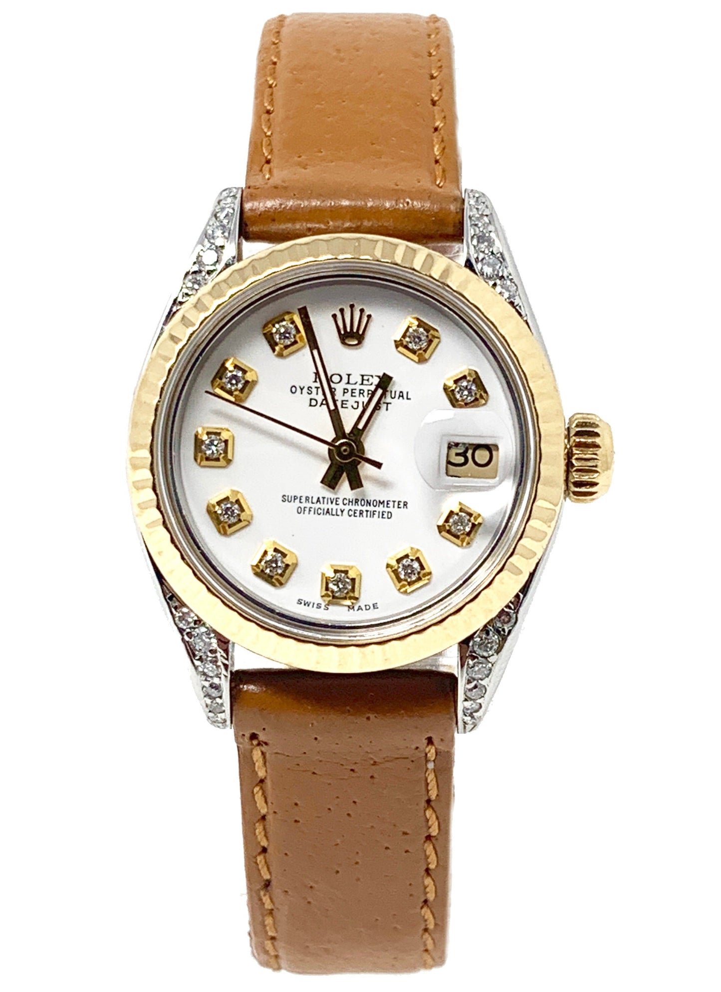 Rolex ladies datejust 6917 (T.T) yellow gold fluted & white diamond dial on brown leather - Luxury Diaz