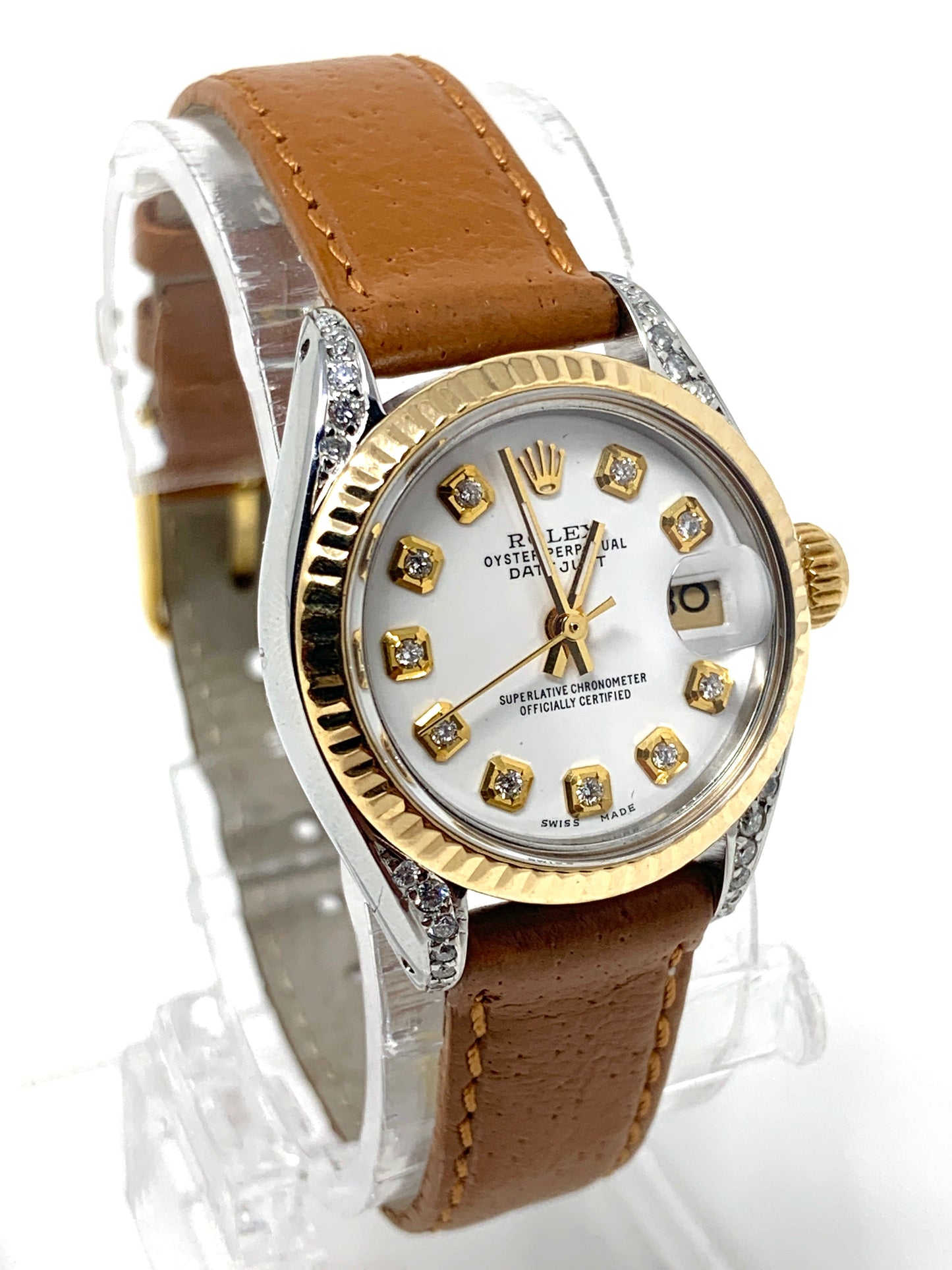 Rolex ladies datejust 6917 (T.T) yellow gold fluted & white diamond dial on brown leather - Luxury Diaz