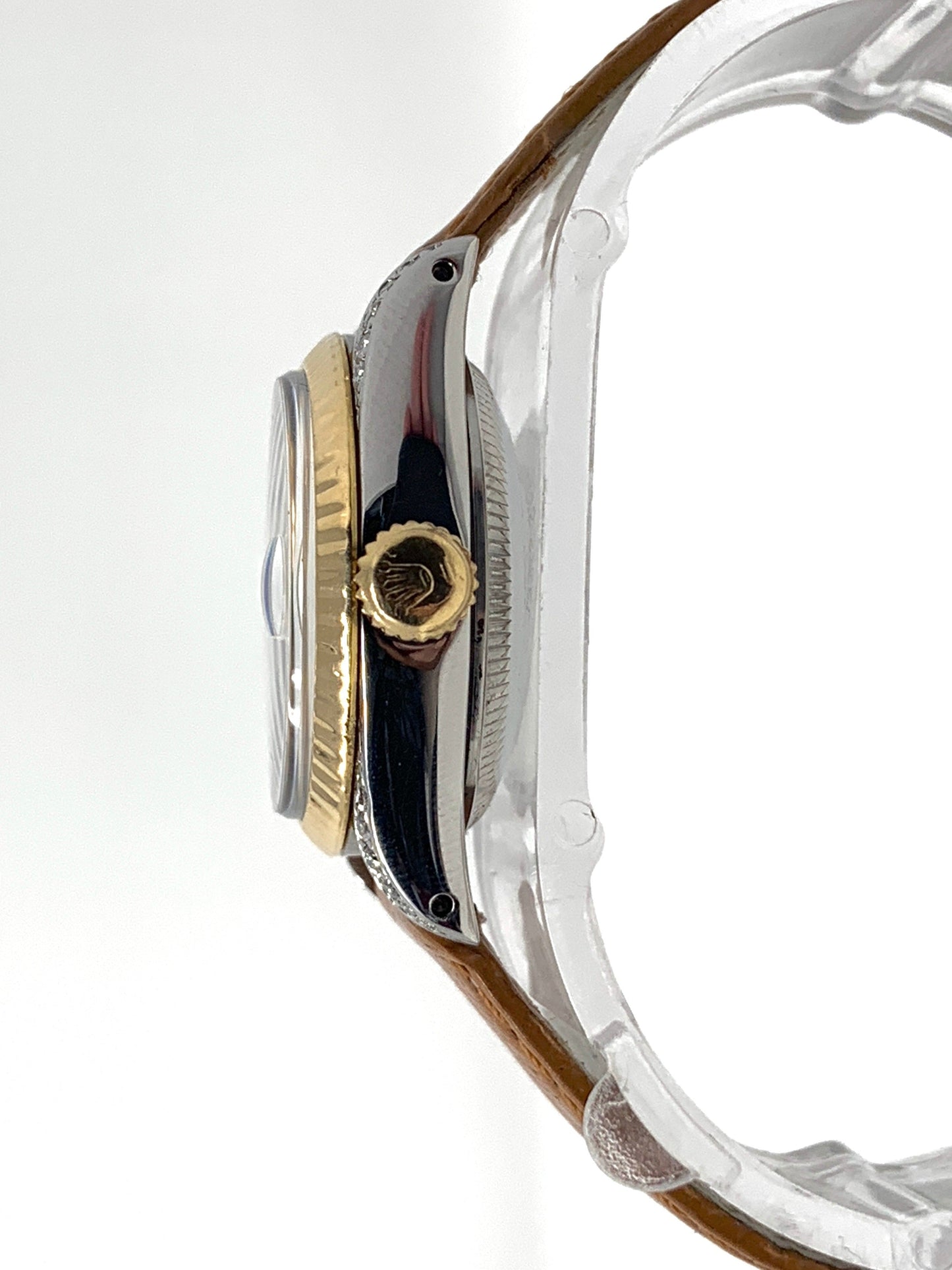 Rolex ladies datejust 6917 (T.T) yellow gold fluted & white diamond dial on brown leather - Luxury Diaz