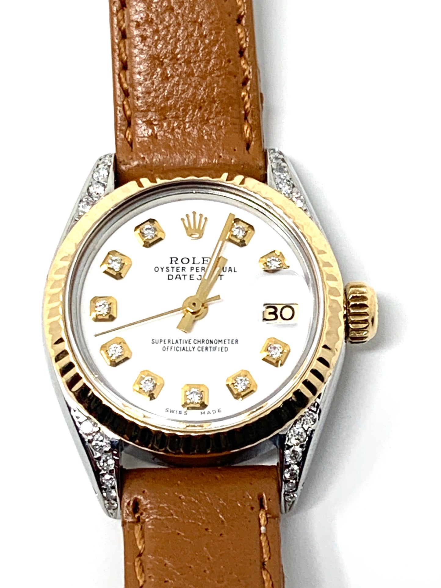 Rolex ladies datejust 6917 (T.T) yellow gold fluted & white diamond dial on brown leather - Luxury Diaz