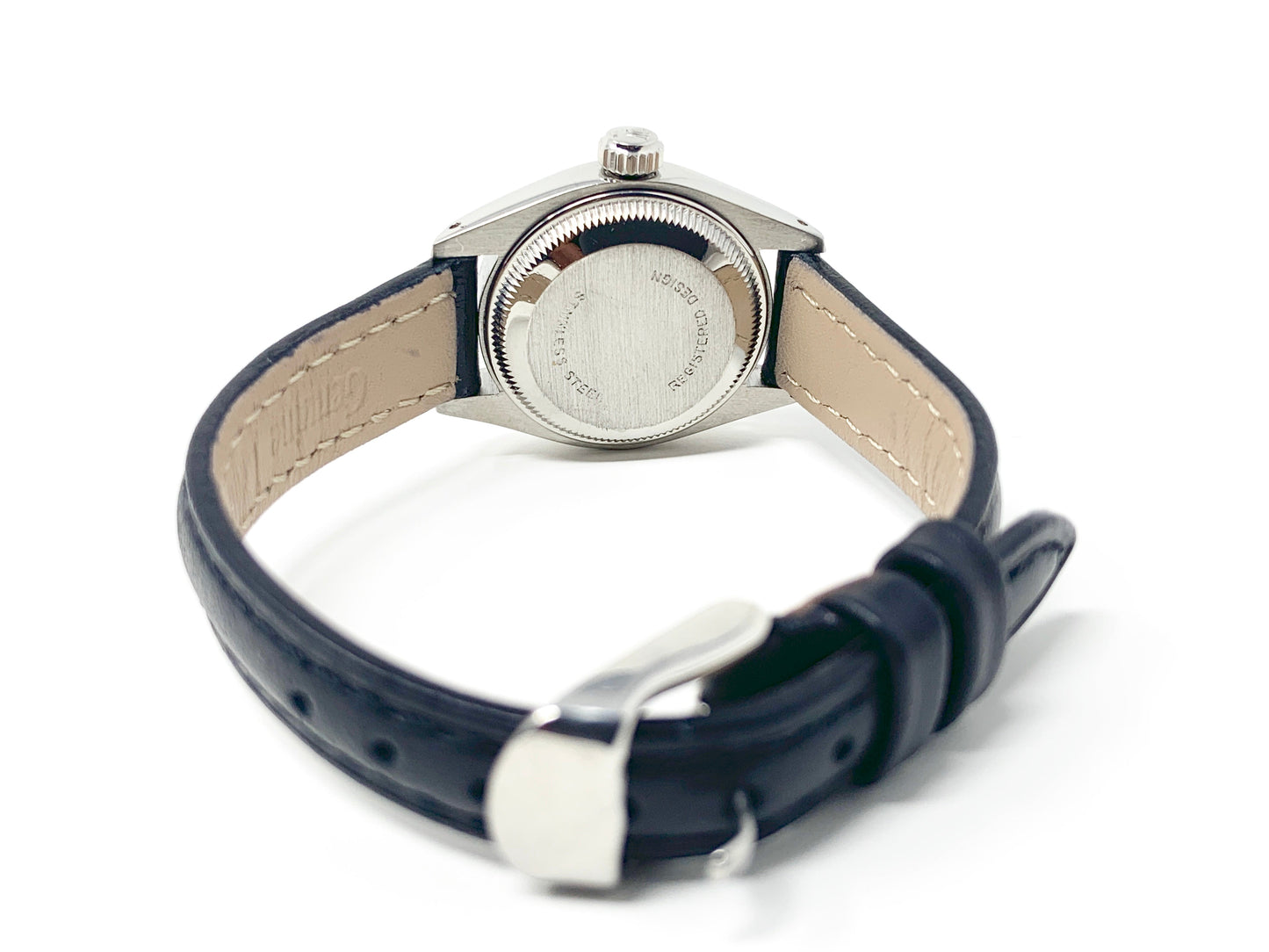 Rolex ladies datejust 6919 (S.S) engine turn steel bezel & red diamond dial on leather - Luxury Diaz