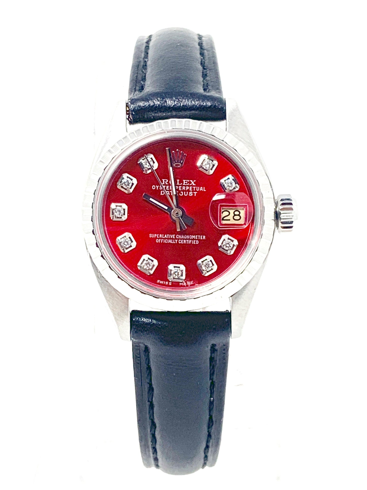 Rolex ladies datejust 6919 (S.S) engine turn steel bezel & red diamond dial on leather - Luxury Diaz