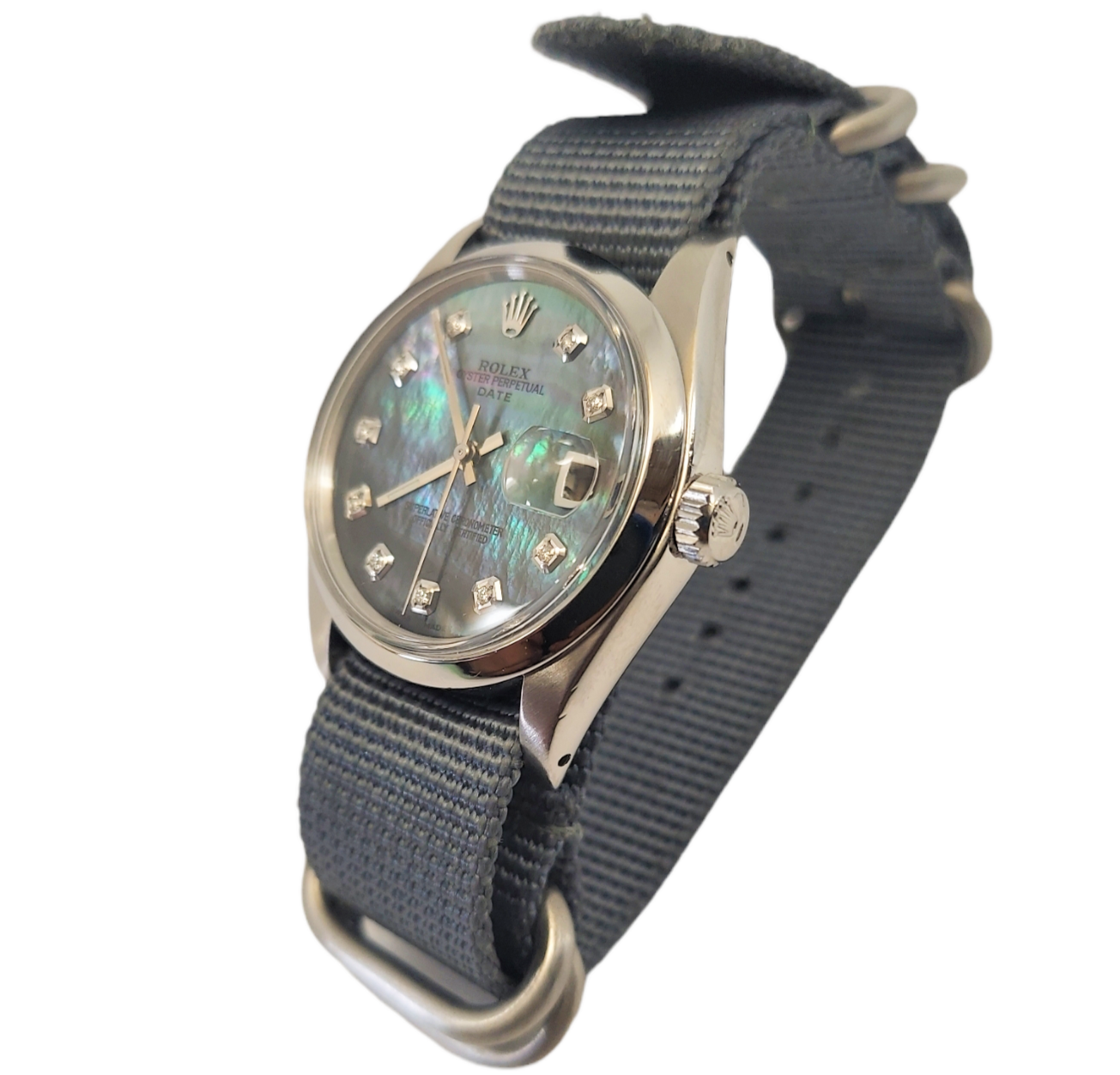 Rolex 34mm Date 1500 black MOP Diamond on Strap