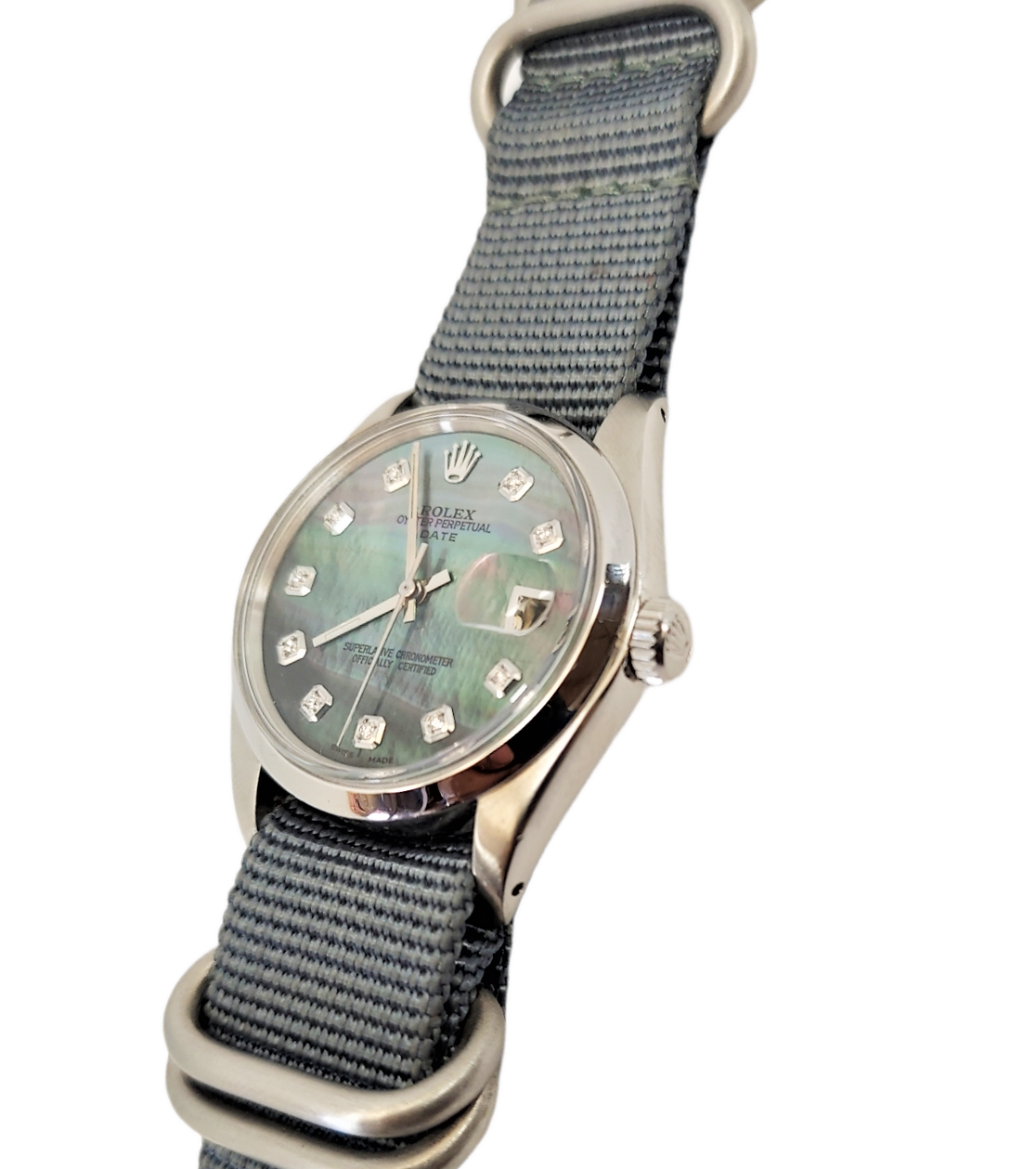 Rolex 34mm Date 1500 black MOP Diamond on Strap