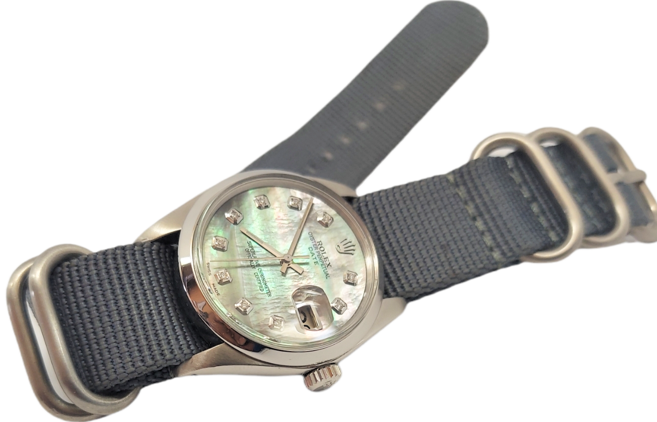 Rolex 34mm Date 1500 black MOP Diamond on Strap