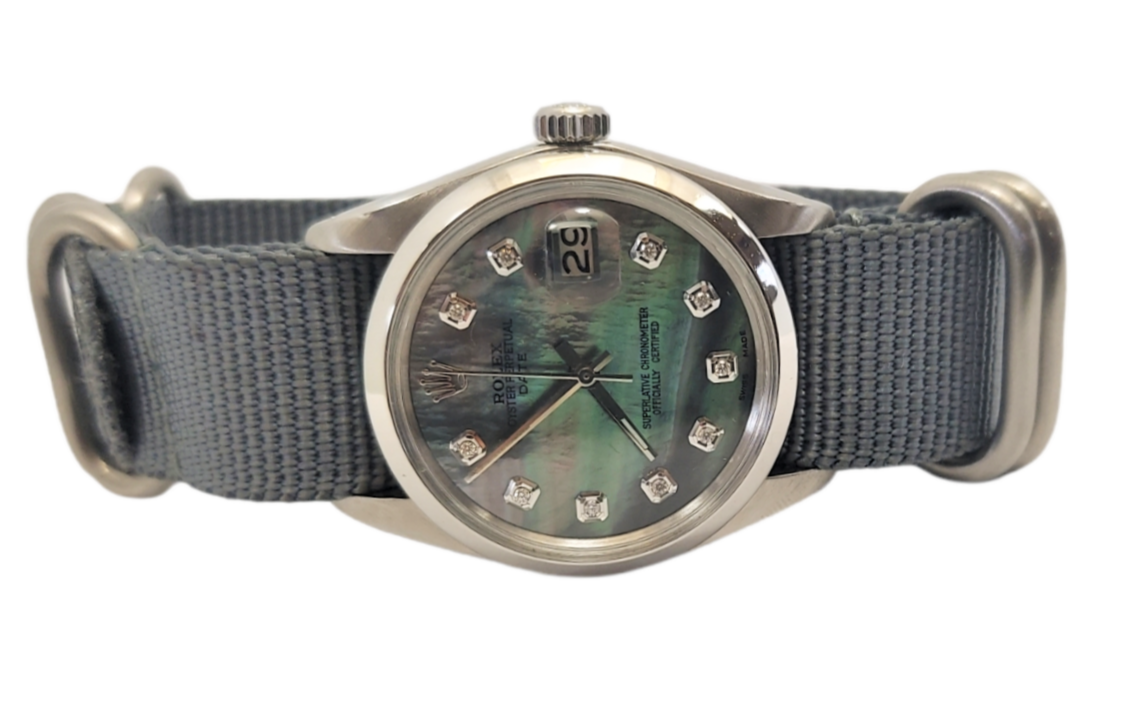 Rolex 34mm Date 1500 black MOP Diamond on Strap