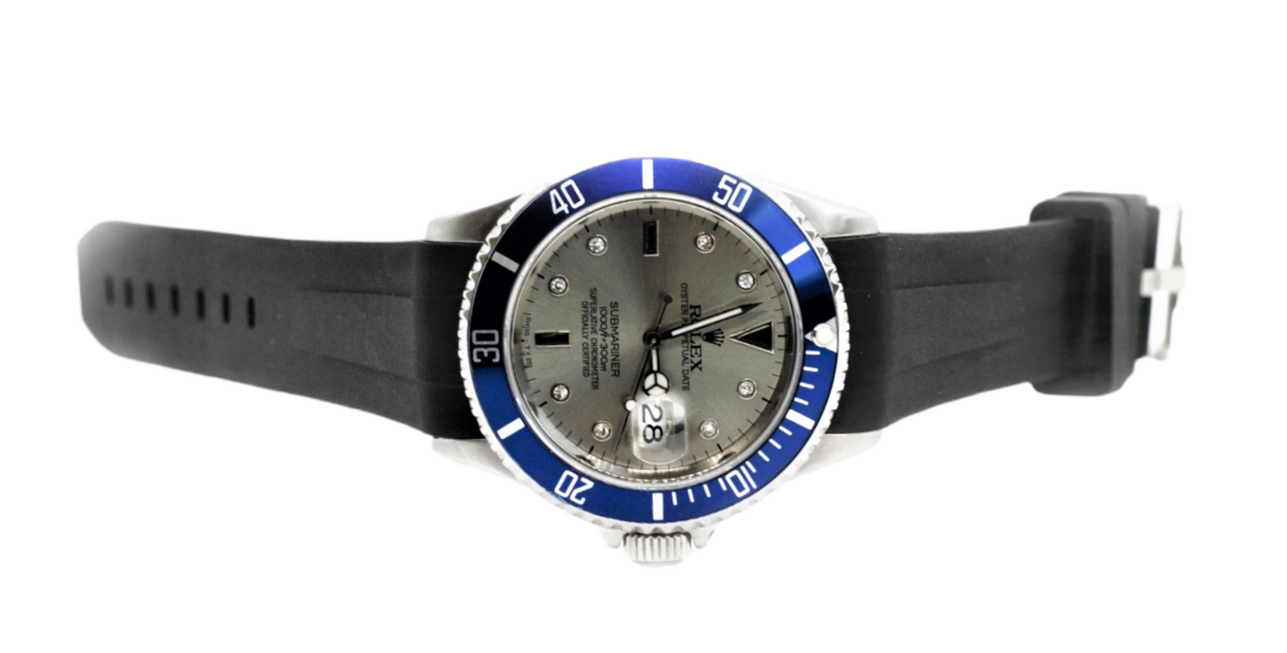 Rolex Mens 40mm Submariner Silver Serti Diamond On Rubber