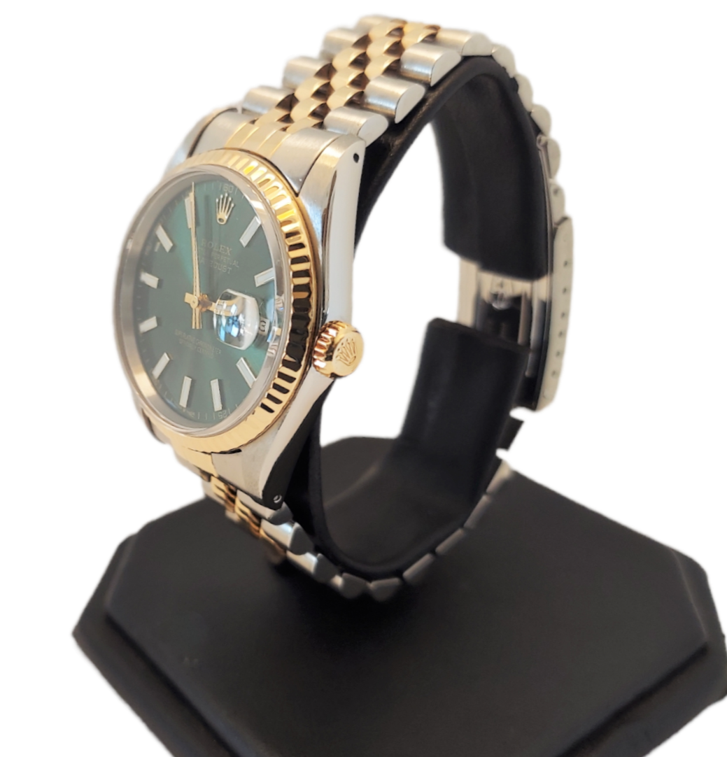Rolex 36mm Datejust 16233 Green Stick Index Two Tone Jubilee