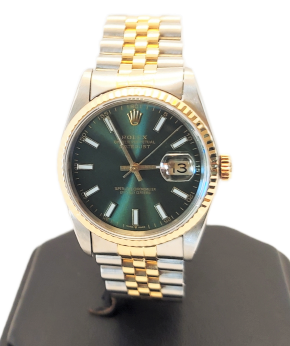 Rolex 36mm Datejust 16233 Green Stick Index Two Tone Jubilee