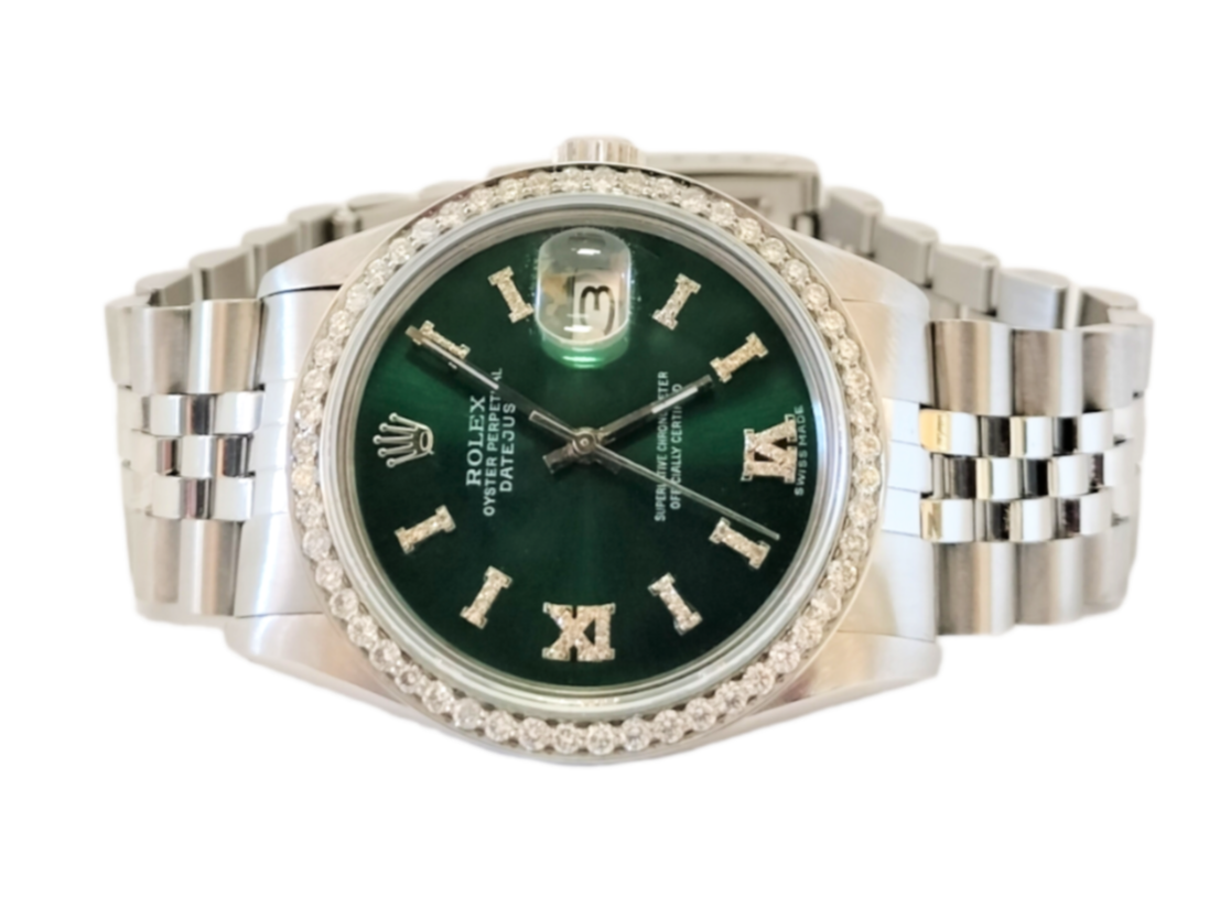 Rolex Mens Datejust 36mm 16014 Green Diamond Roman steel jubilee