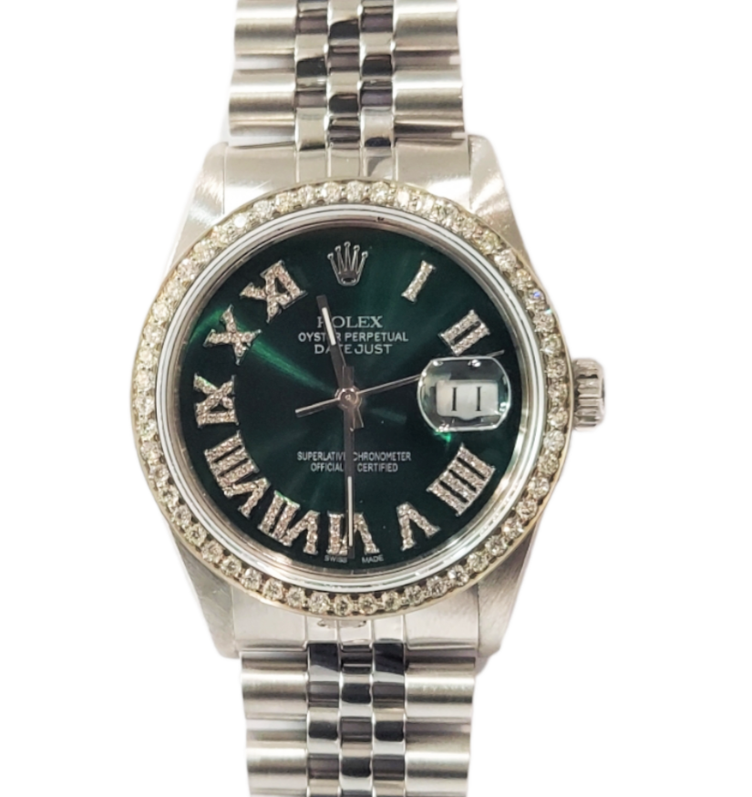 Rolex Mens Datejust 36mm 16014 Green Diamond Roman steel jubilee