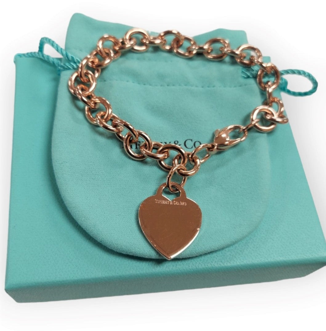 Tiffany&Co. 925 Silver Heart Charm Rose Gold-Plated Bracelet