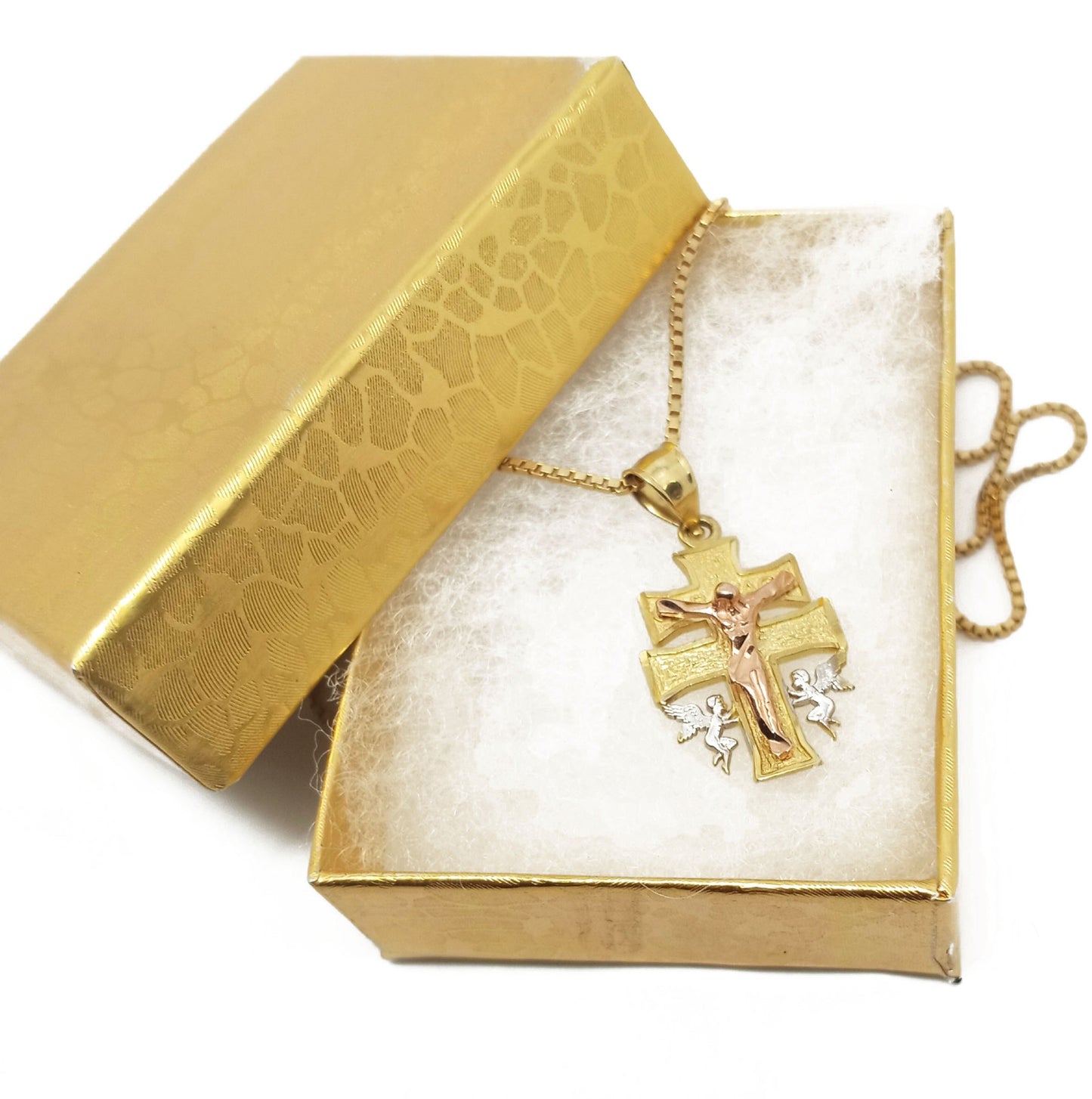 14K Yellow Gold Tri-Tone Jesus Cross Pendant