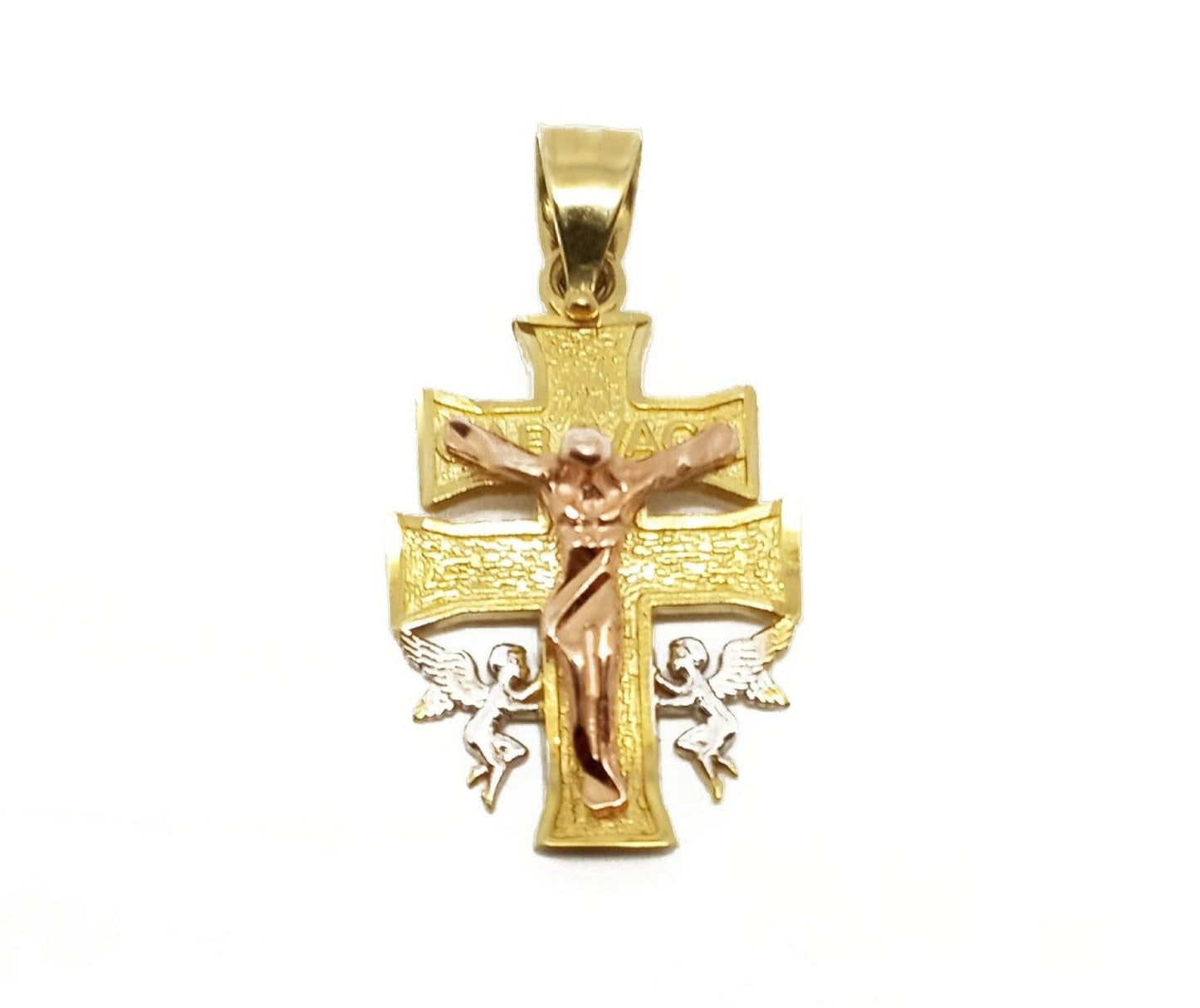 14K Yellow Gold Tri-Tone Jesus Cross Pendant