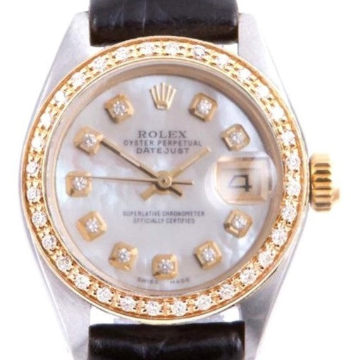 Rolex 26mm Datejust 6917 MOP Diamond On Black Leather
