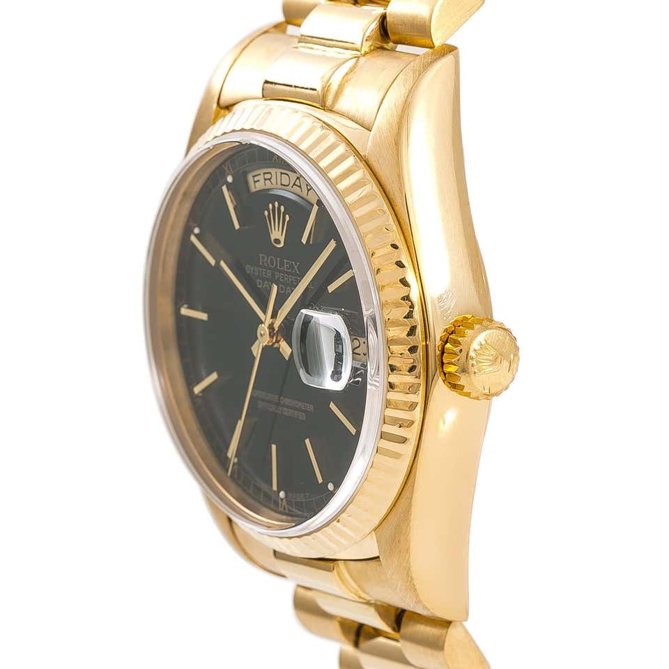 Rolex mens president 18038 (day-date) 18k yellow gold black stick dial - Luxury Diaz