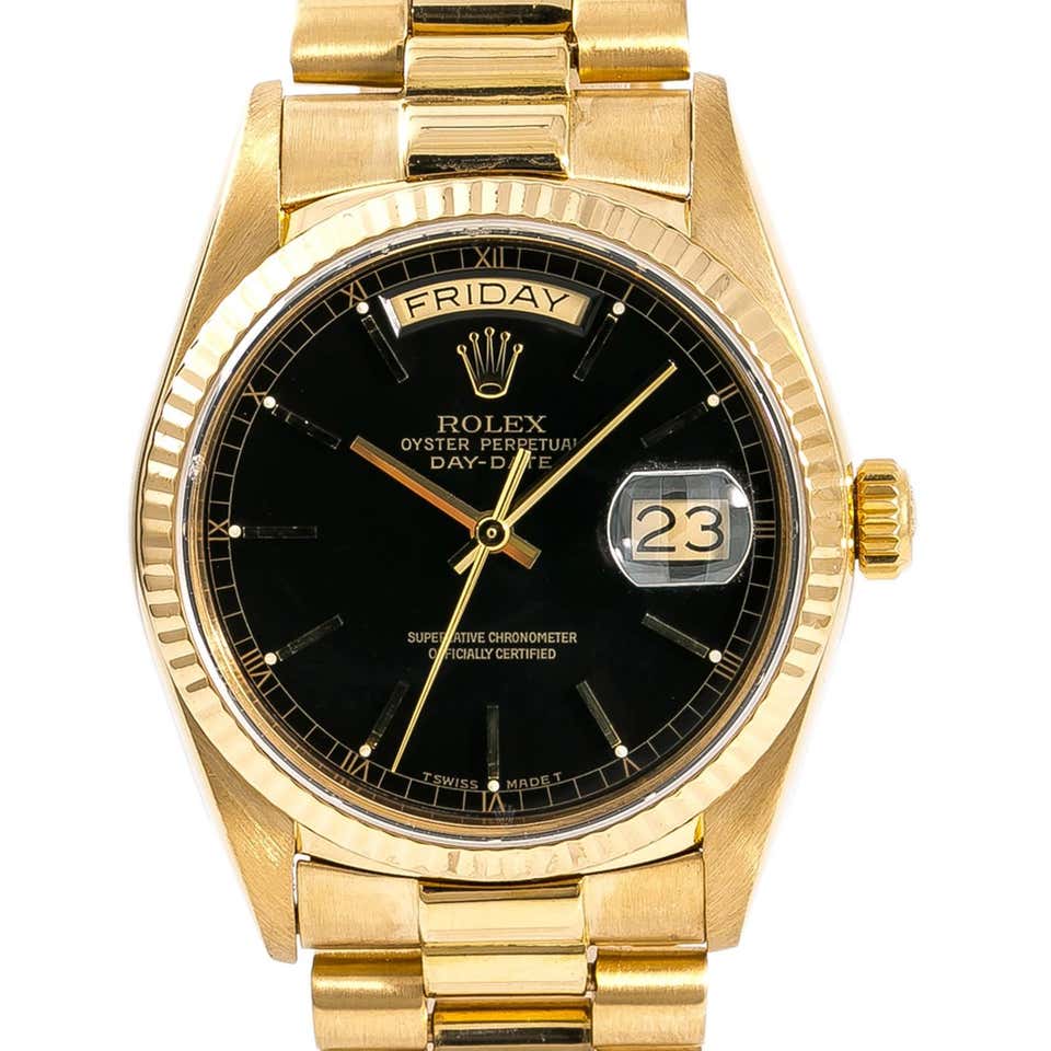 Rolex mens president 18038 (day-date) 18k yellow gold black stick dial - Luxury Diaz