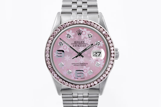 Rolex unisex 36mm Datejust 16014 Pink Floral Rose Steel Jubilee