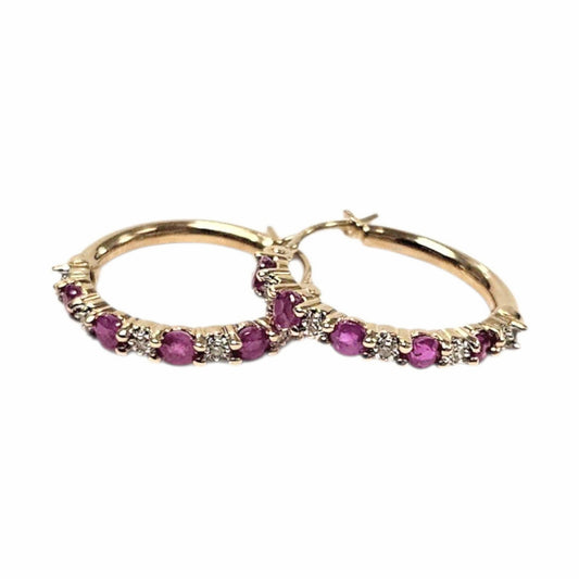 14k Ladies Yellow Gold Ruby Diamond Hoops