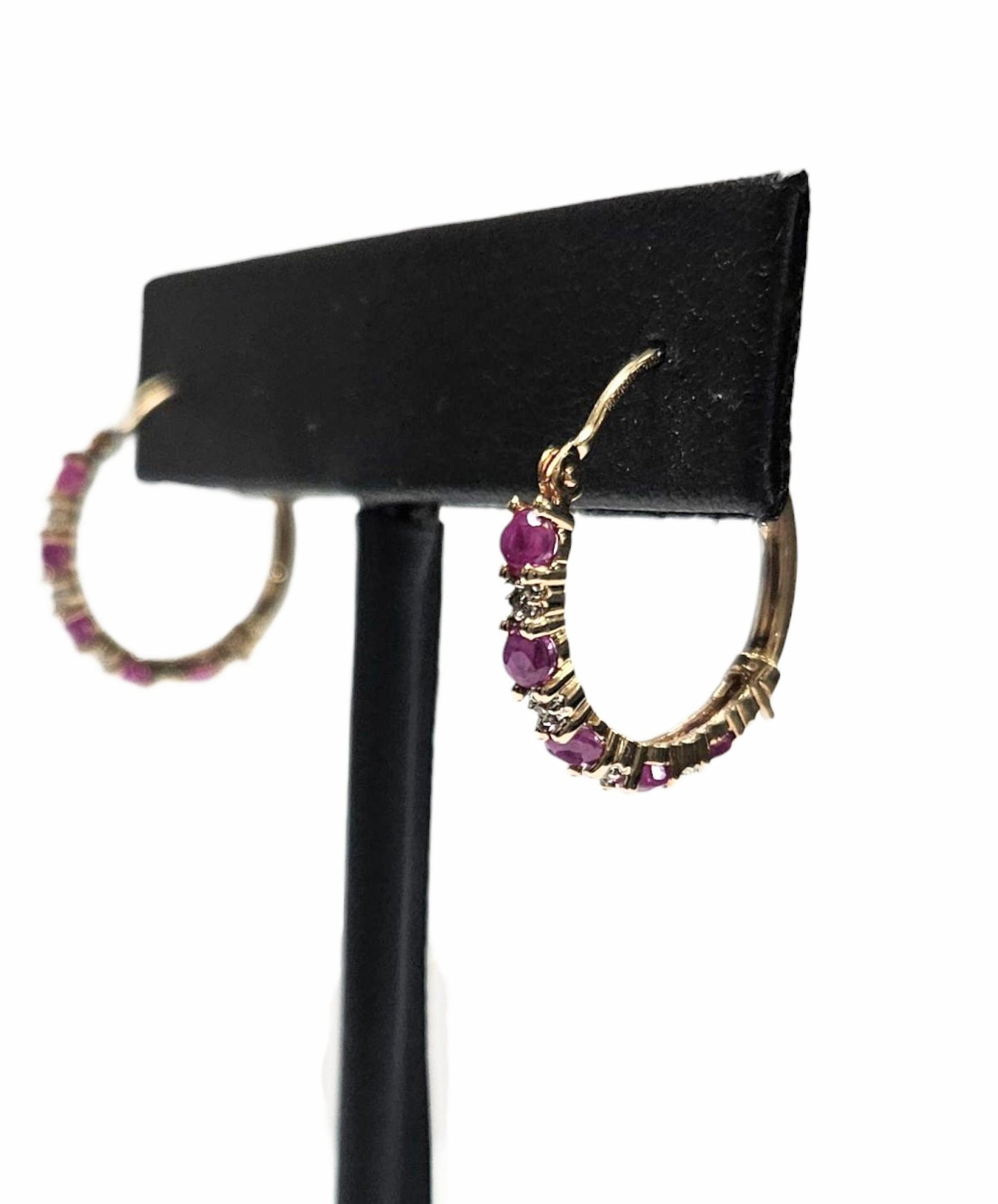 14k Ladies Yellow Gold Ruby Diamond Hoops