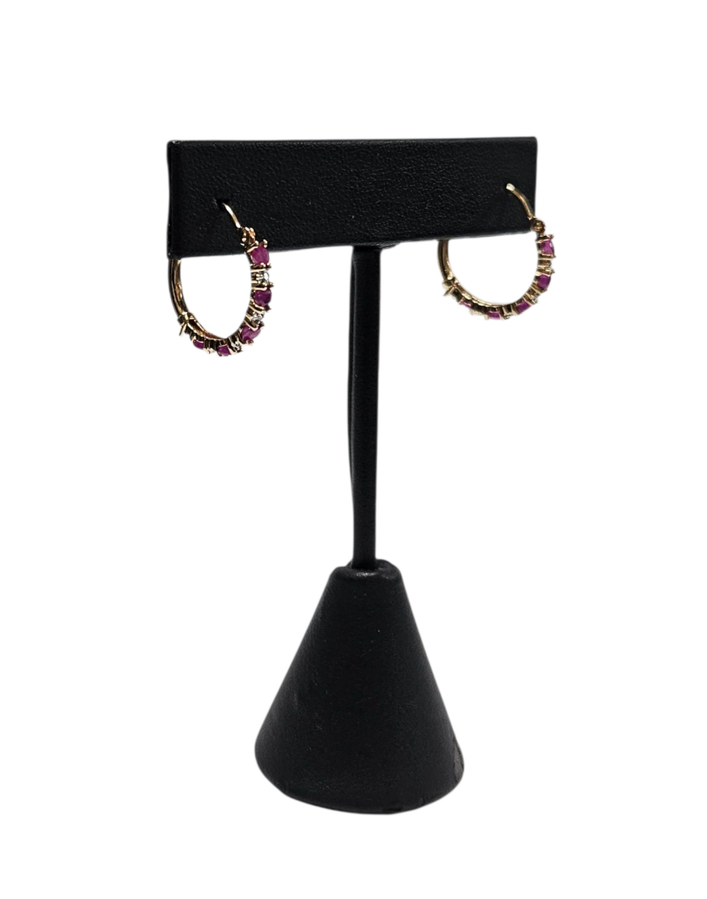 14k Ladies Yellow Gold Ruby Diamond Hoops