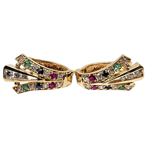 Ladies 14k Yellow Gold Natural Gemstone Diamond Drop Earrings