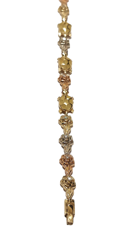 14K Ladies Yellow gold Turtle & Flower Tri-Tone Diamond Bracelet