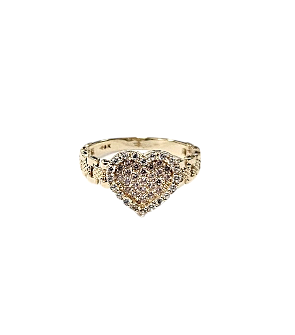 14k ladies Yellow Gold Heart link Pink ZC ring