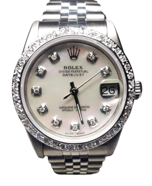 Rolex ladies 31mm Datejust 69174 White Mop Diamond jubilee steel