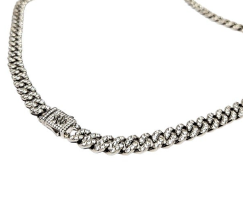 925 Unisex Silver ZC Stone White gold coated Cuban Link Necklace