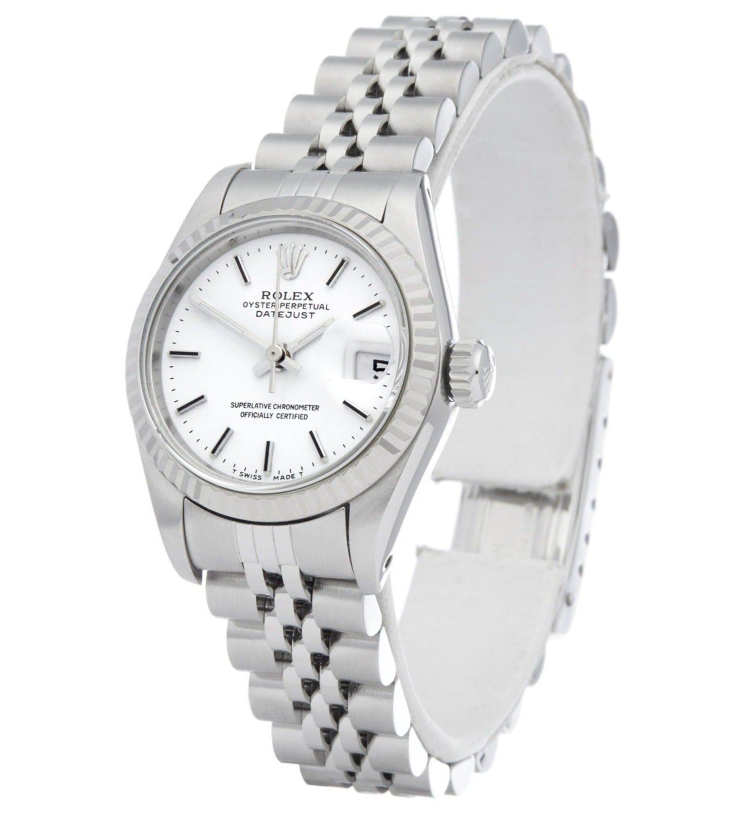 Rolex ladies datejust 69174 (s-s) white stick dial, white gold fluted jubilee - Luxury Diaz