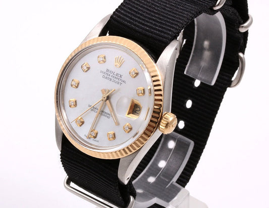 Rolex 36mm Datejust 1603 MOP two tone Diamond on Black strap