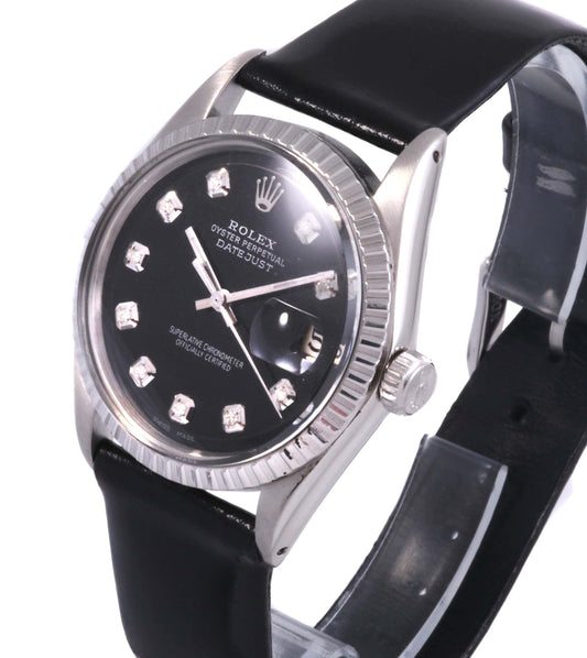 Rolex 36mm Datejust 16030 Black Diamond Steel On Leather