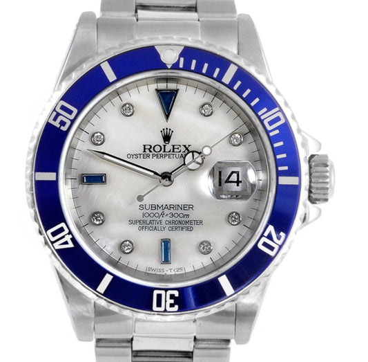 Rolex Mens 16610 Submariner 41mm MOP Sapphire Diamond steel oyster