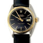 rolex mens datejust (T-T) 16013 fluted gold beze andl yellow stick dial on black leather - Luxury Diaz