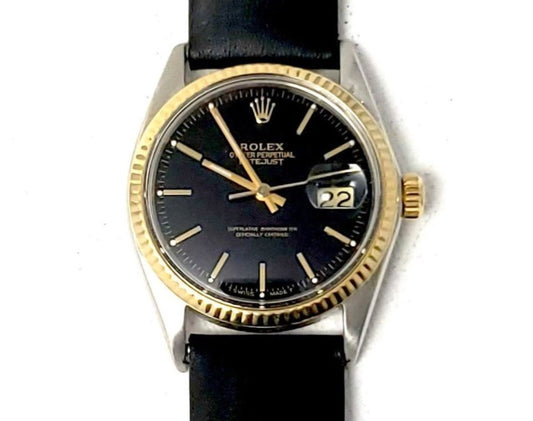 rolex mens datejust (T-T) 16013 fluted gold beze andl yellow stick dial on black leather - Luxury Diaz