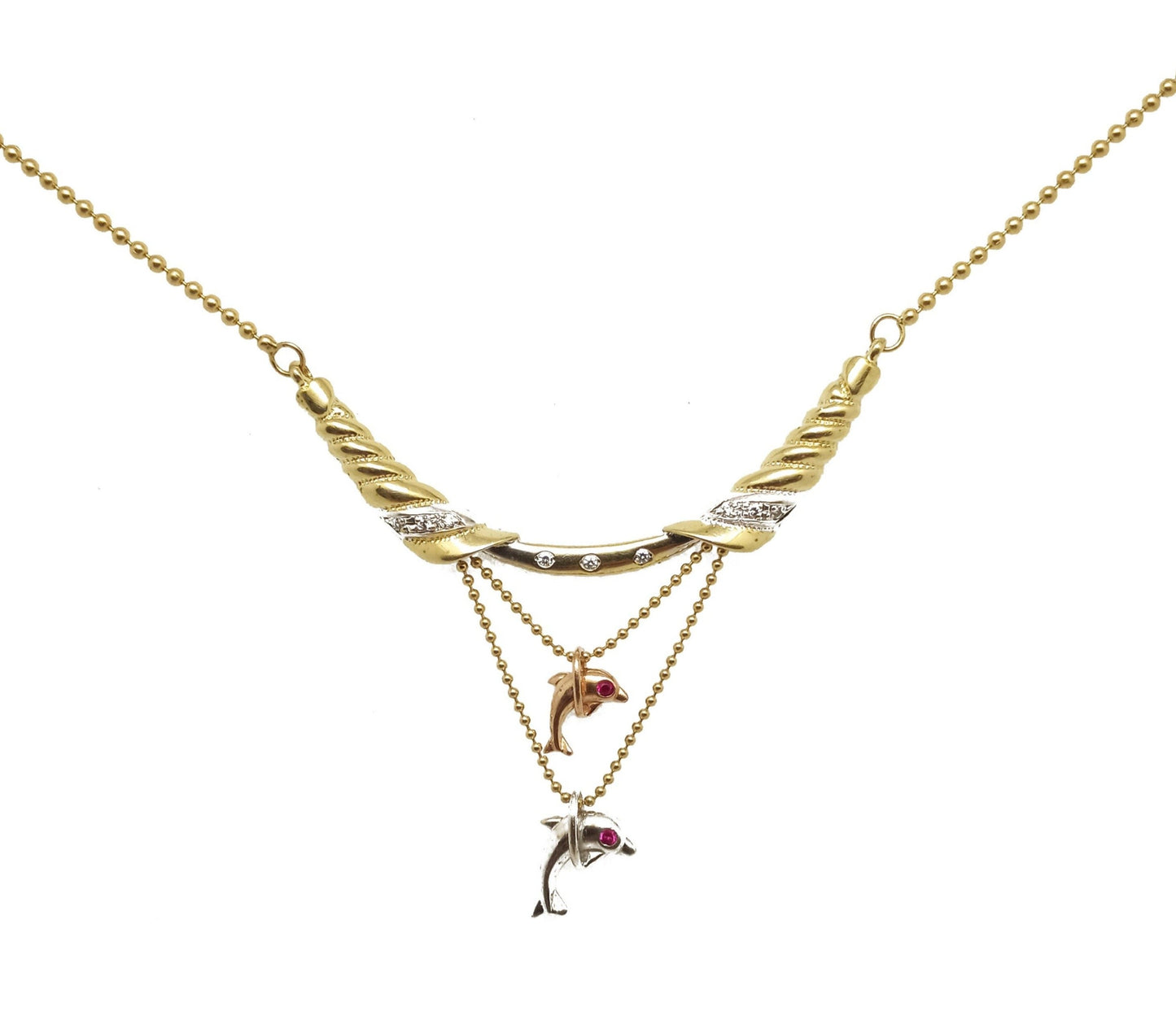 14K Gold tri-tone Diamond Dolphin Necklace