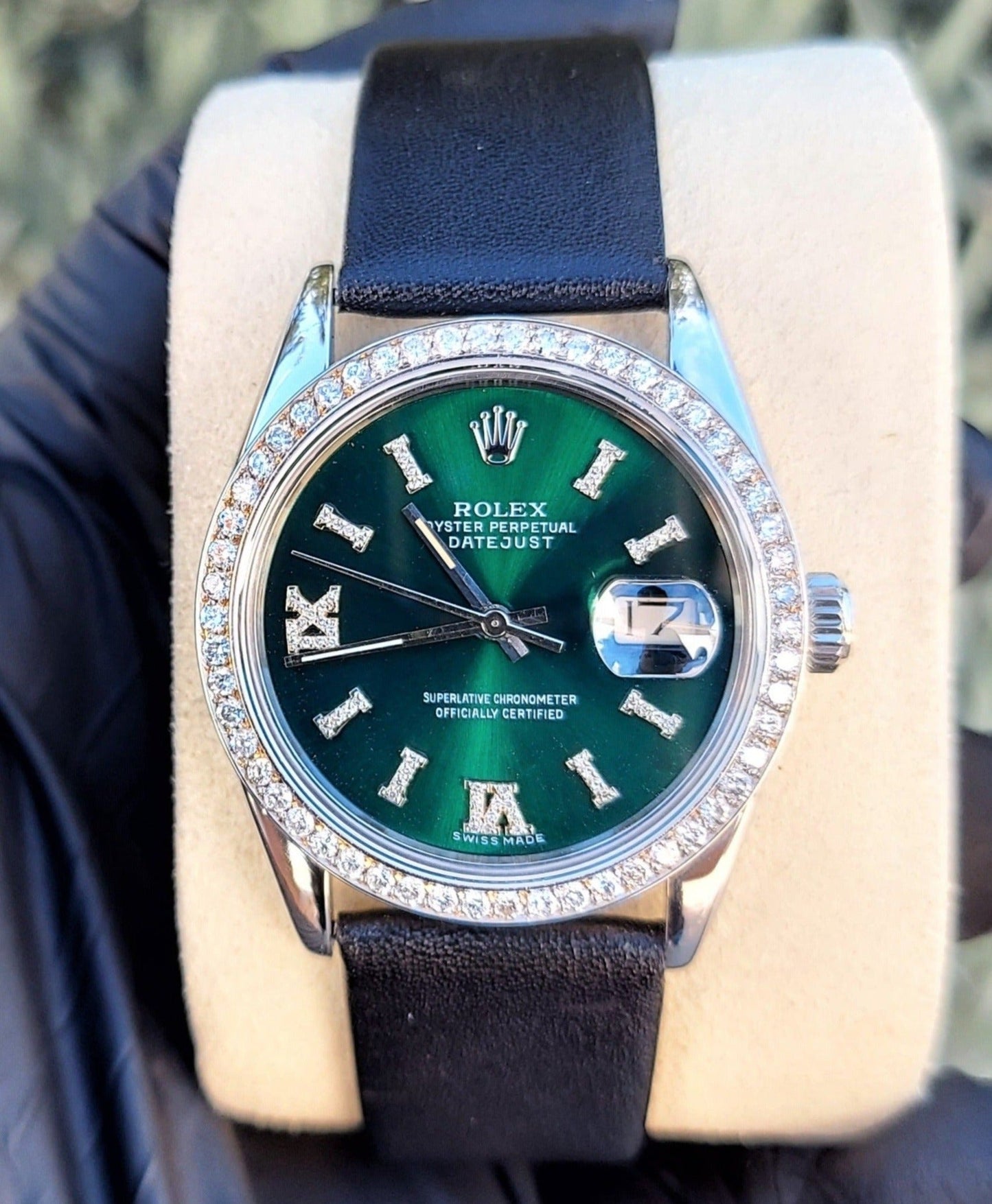Rolex 36mm Steel Diamond Green Roman Datejust On Leather