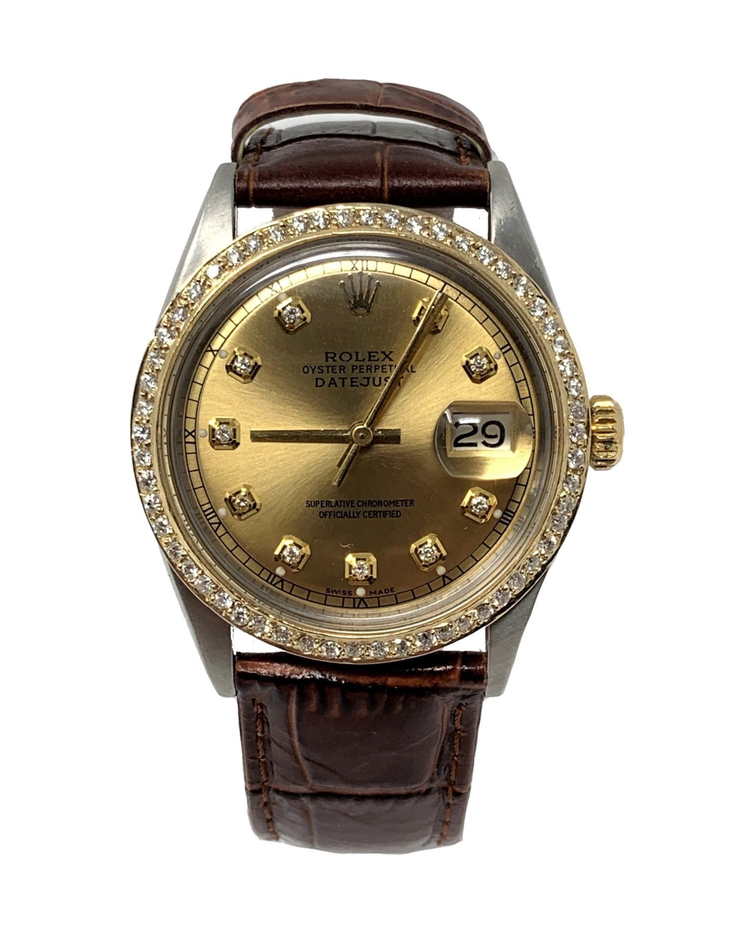 Rolex mens datejust 1601 (T.T) champange diamond dial &  yellow gold diamond bezel on leather - Luxury Diaz