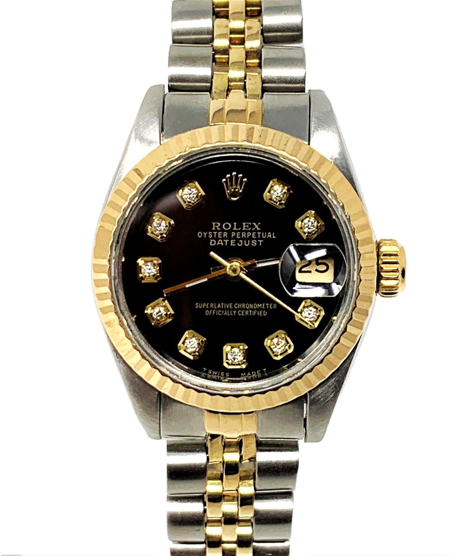 Rolex ladies datejust 69173 (T.T) yellow gold fluted bezel & black diamond dial - Luxury Diaz