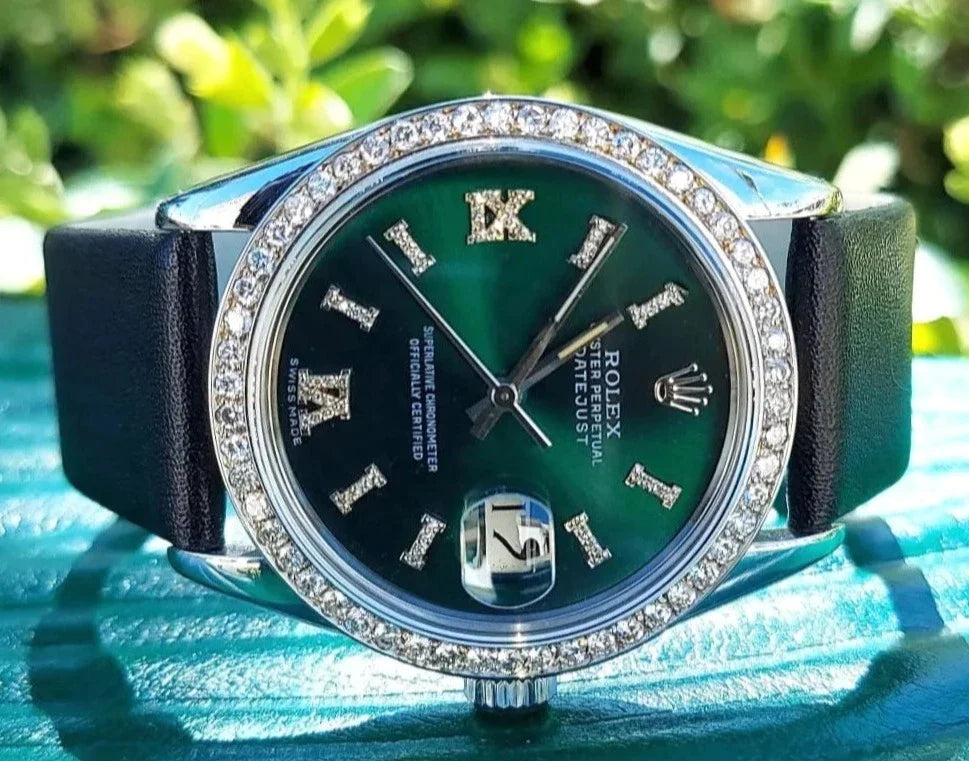 Rolex 36mm Steel Diamond Green Roman Datejust On Leather