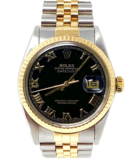 Rolex mens datejust 16013 (T-T) black roman numeral dial & yellow gold fluted bezel - Luxury Diaz