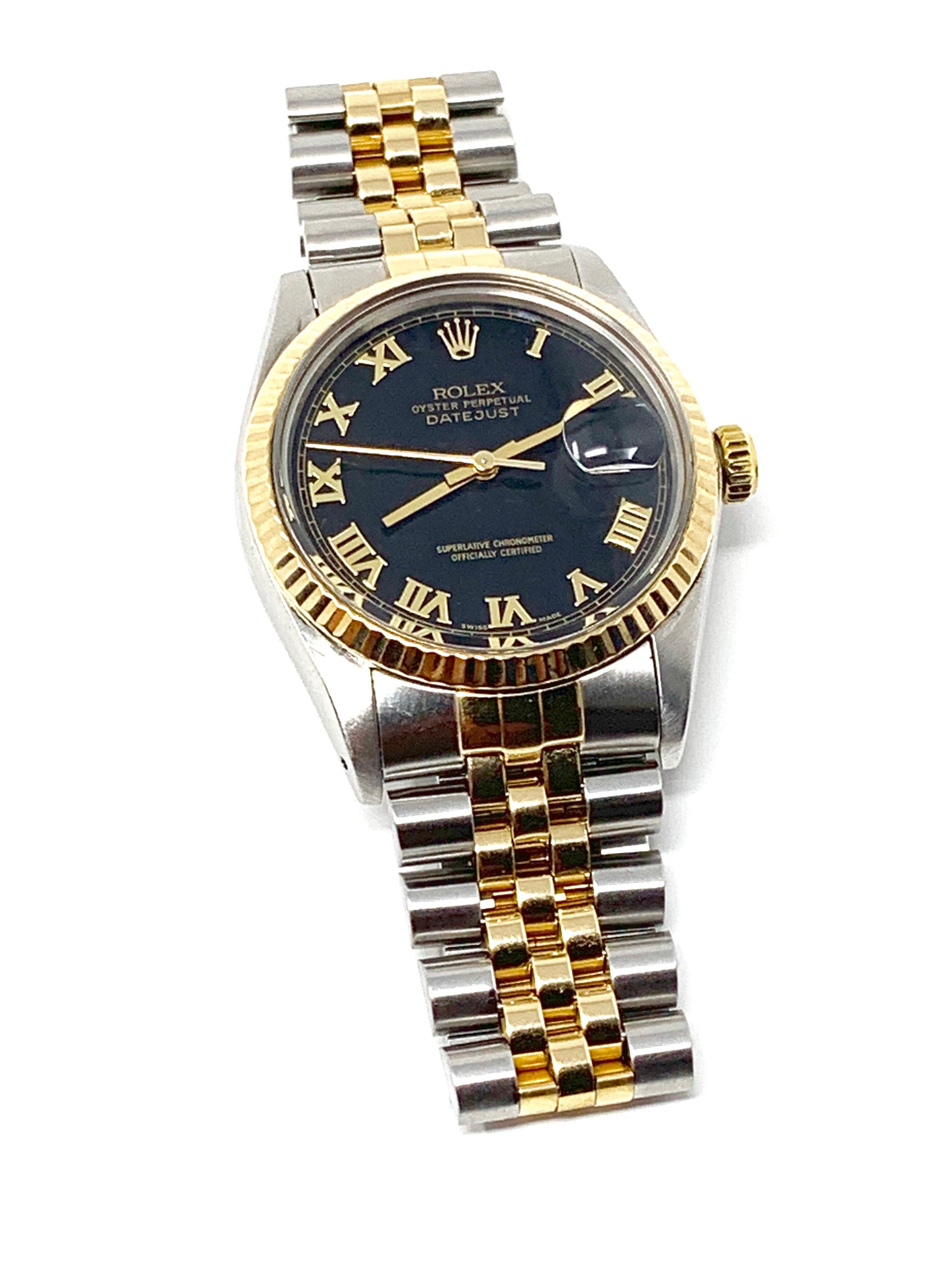 Rolex mens datejust 16013 (T-T) black roman numeral dial & yellow gold fluted bezel - Luxury Diaz