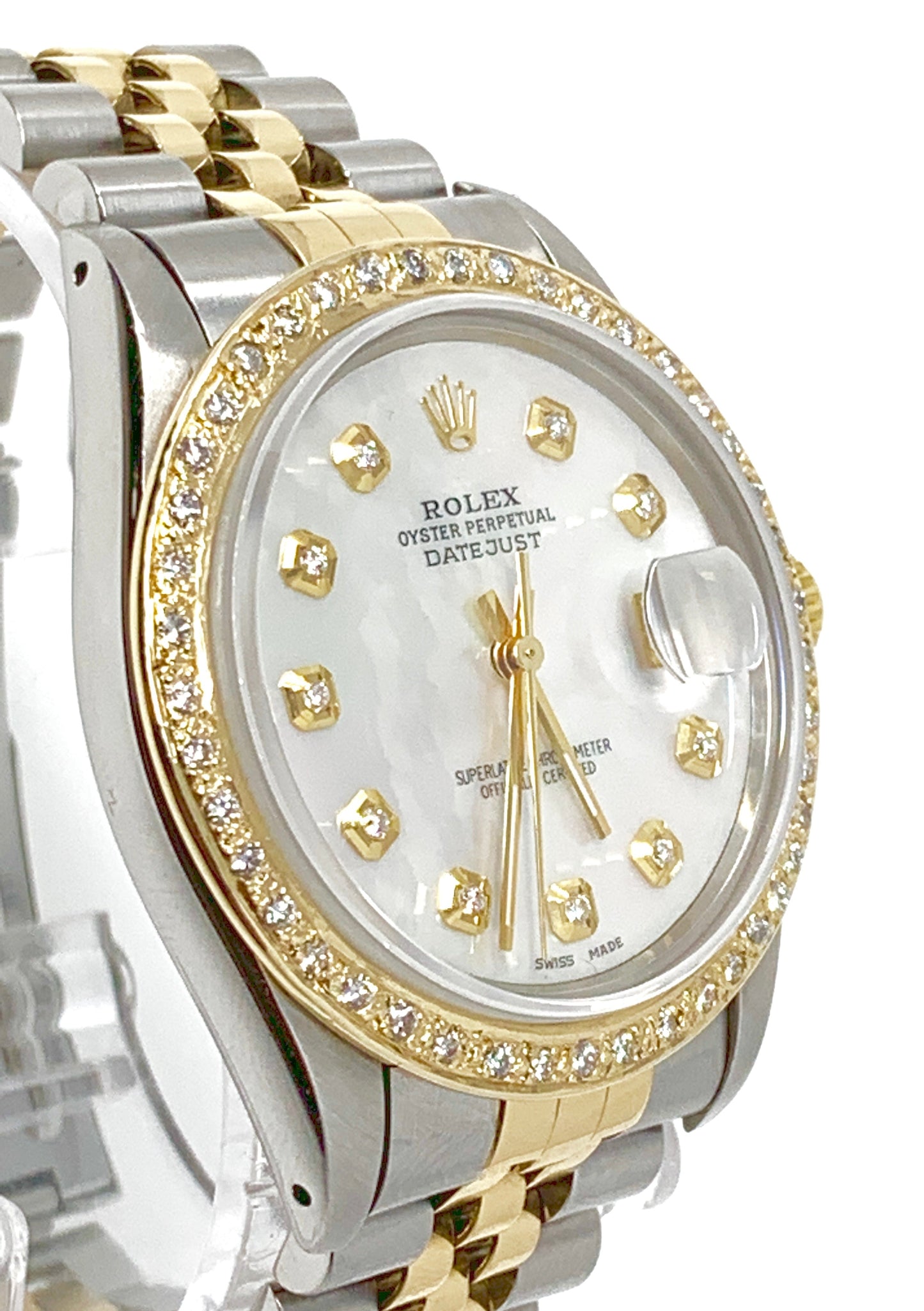 rolex mens datejust 16013 (T.T) mother of pearl dial & gold diamond bezel - Luxury Diaz